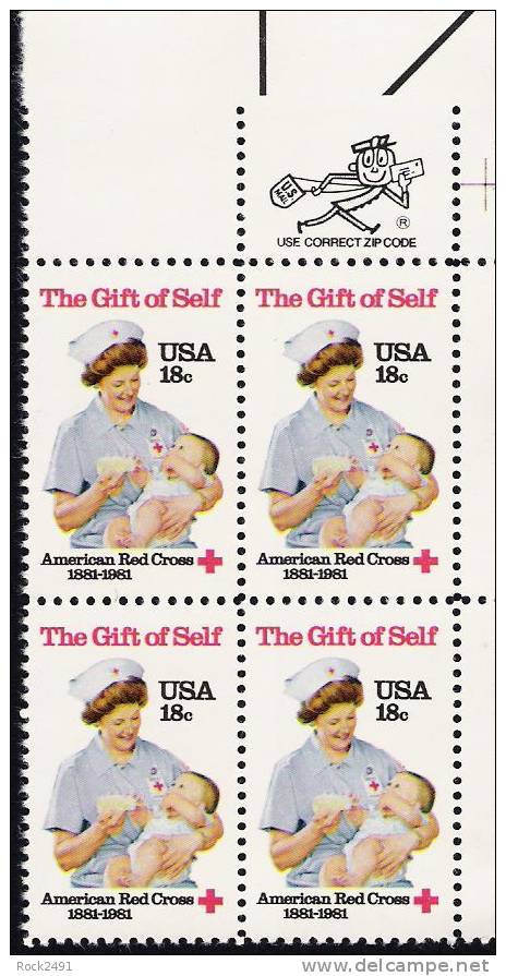 US Scott 1910 - Zip Block Of 4 - American Red Cross 18 Cent - Mint Never Hinged - Blokken & Velletjes