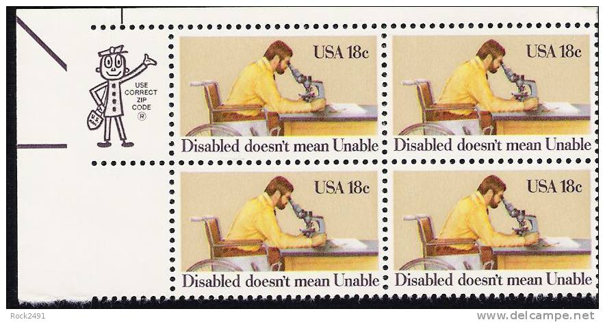 US Scott 1925 - Zip Block Of 4 - Year Of Disabled 18 Cent - Mint Never Hinged - Blokken & Velletjes