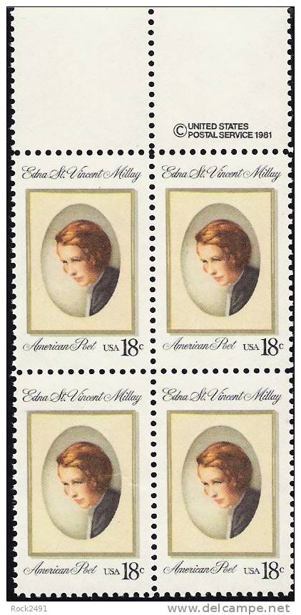 US Scott 1926 - Copyright Block Of 4 - Edna St Vincent Millay 18 Cent - Mint Never Hinged - Blocs-feuillets