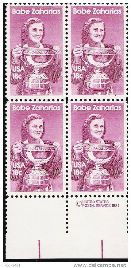 US Scott 1932 - Copyright Block Of 4 - Babe Zaharias 18 Cent - Mint Never Hinged - Hojas Bloque