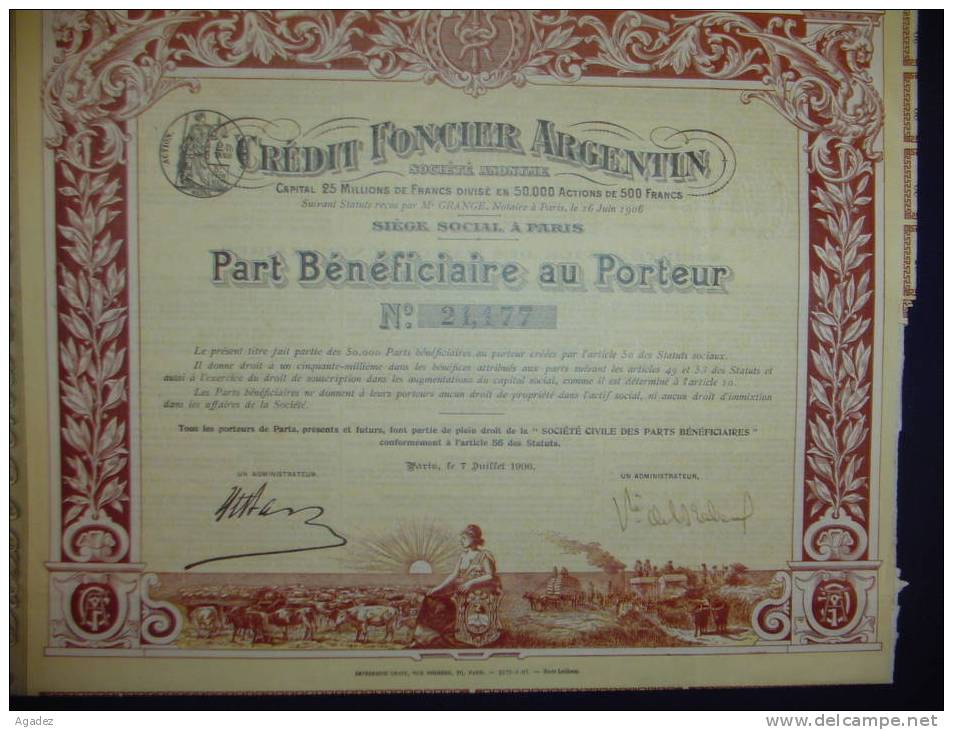 Part Beneficiaire"Credit Foncier Argentin"Paris 1906 Très Belle Litho,très Bon état,reste Des Coupons Argentine - Bank En Verzekering