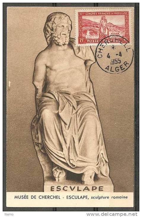 FRANCE  Carte Maximum:   Musée  De Cherchell____   ESCULAPE Sculpture Romaine. ALGER - Cartoline Maximum