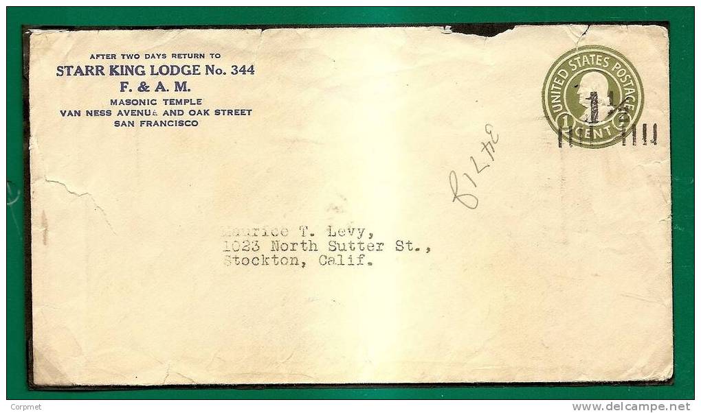 FREEMASONRY - STARR KING LODGE No. 344 - MASONIC TEMPLE - SAN FRANCISCO - C/1920 ENTIRE COVER SURCHARGED To STOCKTON - Freemasonry