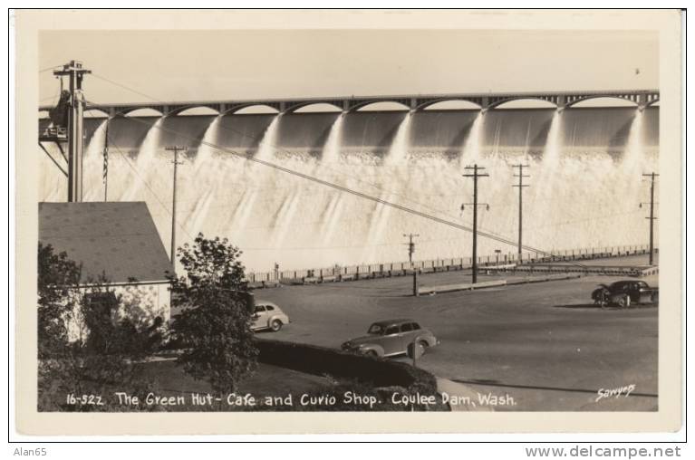 Coulee Dam WA, Green Hut Cafe And Curio Gift Shop On 1940s Vintage Real Photo Postcard, Restaurant - Andere & Zonder Classificatie
