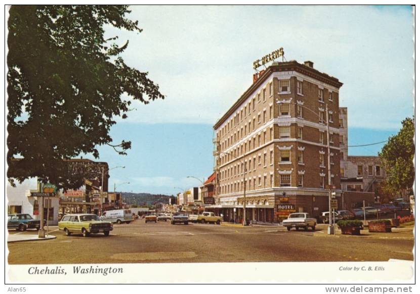 Chehalis WA Street Scene 1960s Vintage Chrome Postcard, 60s Autos, St. Helens Hotel - Andere & Zonder Classificatie