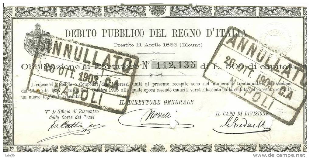 DEBITO PUBBLICO DEL REGNO D'ITALIA - OBBLIGAZIONE 11/4/1866 - Banque & Assurance