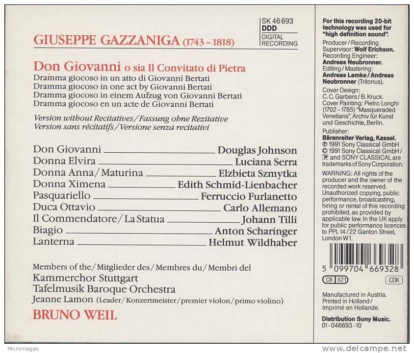 Giuseppe Gazzaniga : Don Giovanni, Bruno Weil - Opéra & Opérette