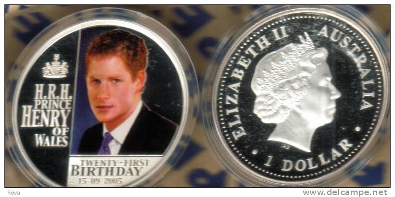 AUSTRALIA $1 PRINCE HARRY BIRTHDAY 2005 COLOURED QEII BACK SILVER 1Oz PROOF READ DESCRIPTION CAREFULLY!! - Mint Sets & Proof Sets