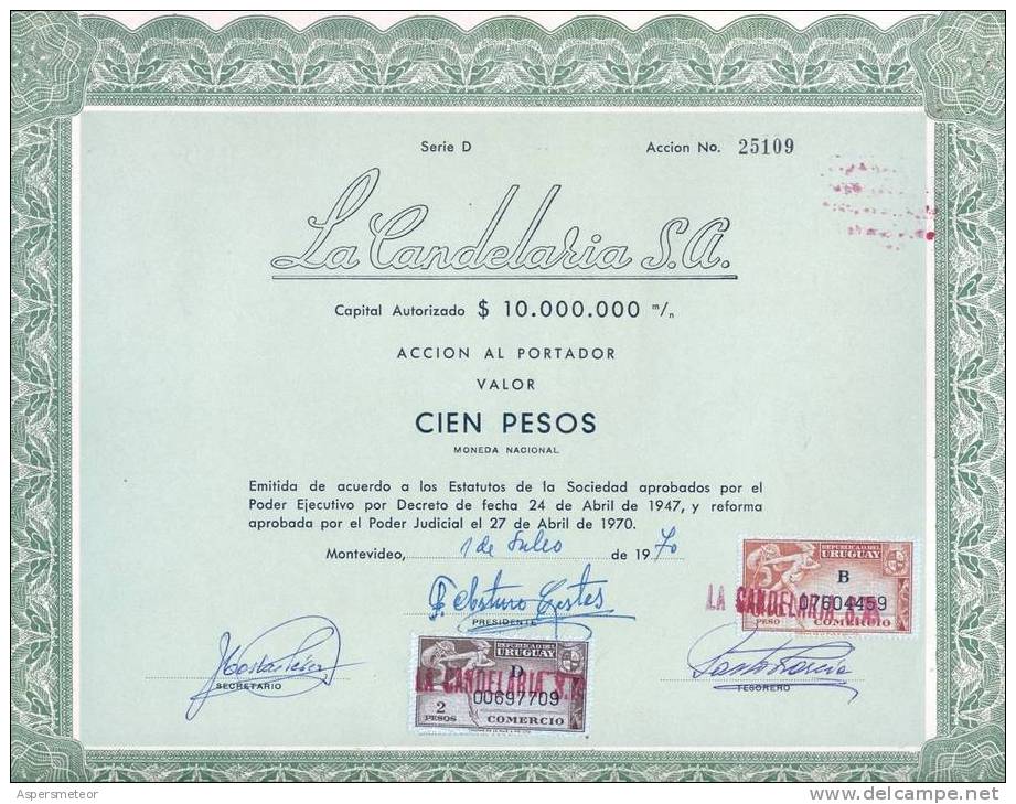 100 ACCION SHARE URUGUAY  LA CANDELARIA SOCIEDAD ANONONIMA SA MJL 1970 - Industry