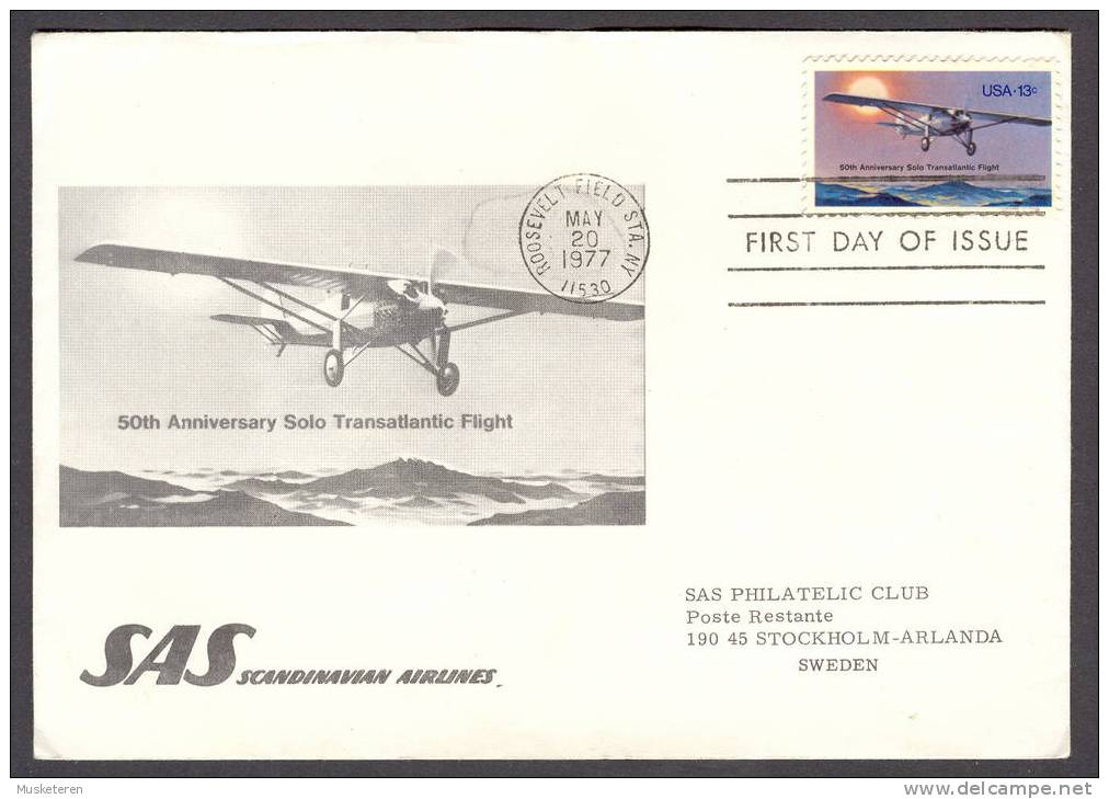 United States SAS Scandinavian Airlines 50th Anniversary Solo Transatlantic Flight 1977 FDC Cover To Sweden - 1971-1980