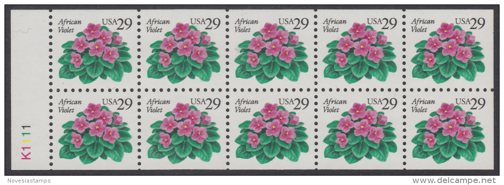 !a! USA Sc# 2486a MNH BOOKLET-PANE(10) W/ Left Margin & Plate-# - African Violet - 1981-...