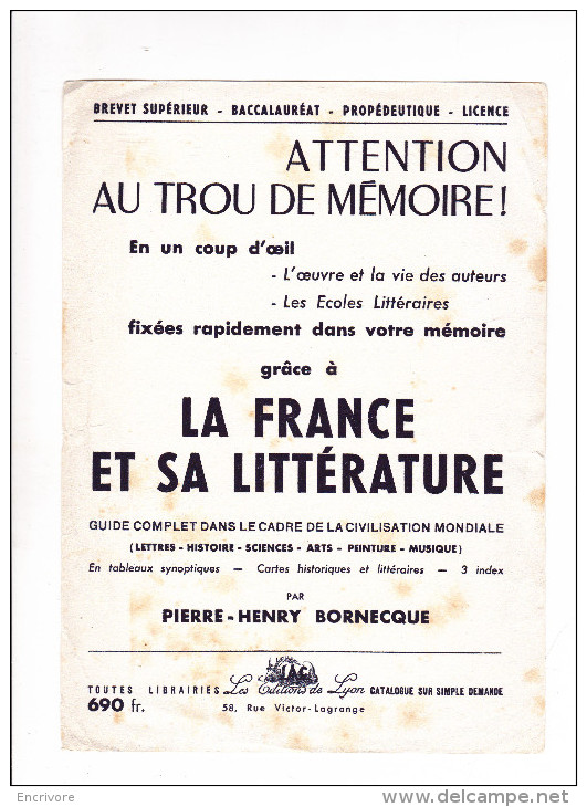 Buvard La France Et Sa Litterature Bornecque éditions EDITIONS DE LYON - Cartoleria