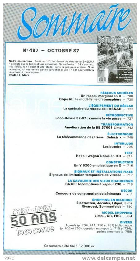 LOCO REVUE (n°497, Octobre 1987) : HO, Butoirs, Locomotives, Catenaire, BB 67001 Lima, Telecommande Selectrix 99... - Français