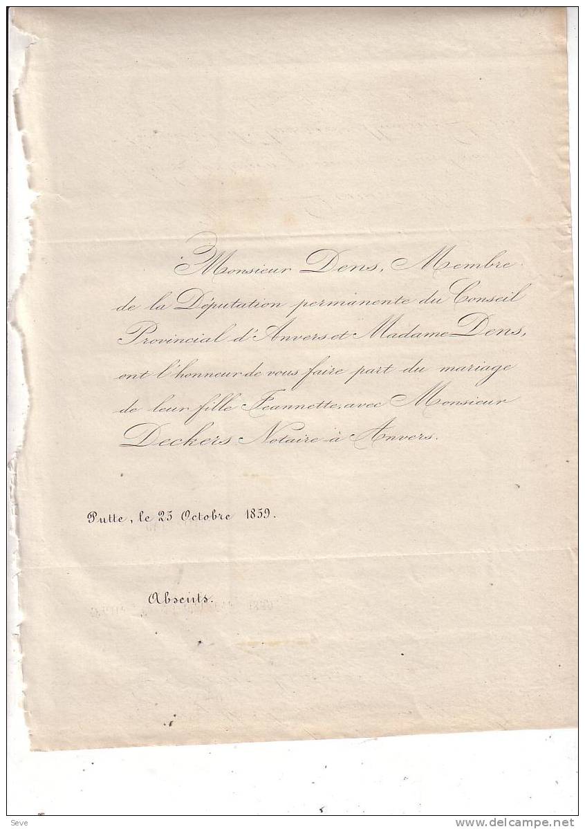 PUTTE Mariage 1859 Jeannette DENS Fille Député Permanent Et Notaire DECKERS D'Anvers 1 Faire-part - Other & Unclassified