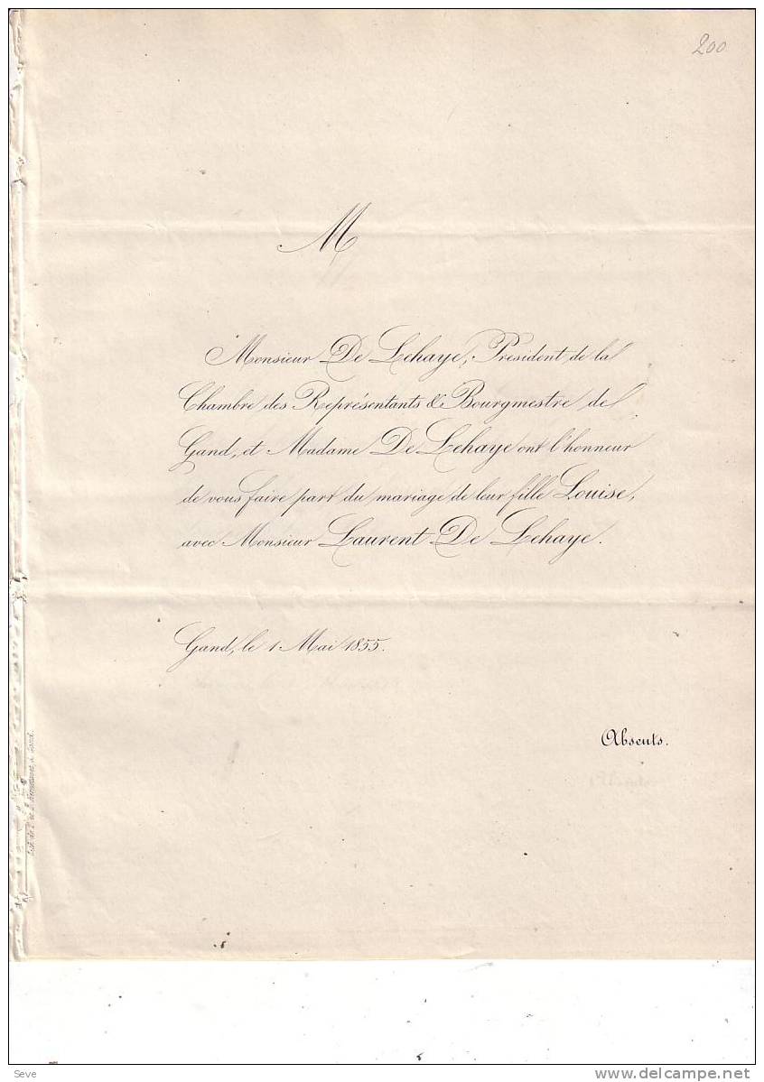 Gand Mariage 1855 Louise De Lehaye Fille Président Chambre Et Laurent De Lehaye Les 2 Faire-parts échangés - Other & Unclassified