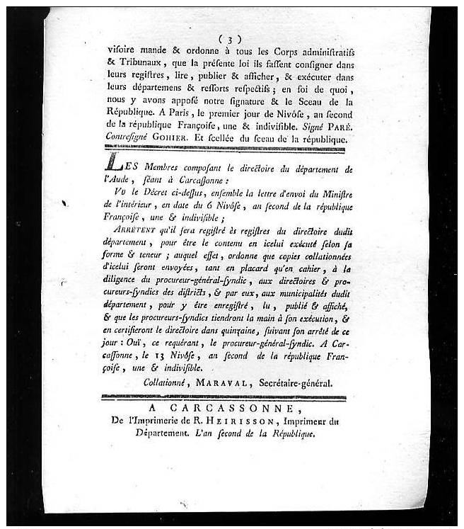 Extrêmement RARE – 215 Ans D´âge - Décret De La CONVENTION NATIONALE – Document D’époque – Imprimé à Carcassonne (Aude) - Historische Dokumente