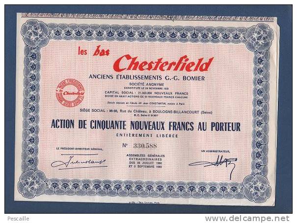 ACTION DE CINQUANTE NOUVEAUX FRANCS AU PORTEUR LES BAS CHESTERFIELD - BOULOGNE BILLANCOURT 1960 - Parfum & Cosmetica