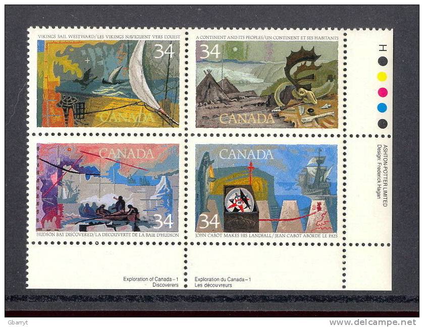 Canada Unitrade # 1107i MNH VFLower Right Inscription Block. Exploration Of Canada. Pink Flaw On #1107...............dr2 - Varietà & Curiosità