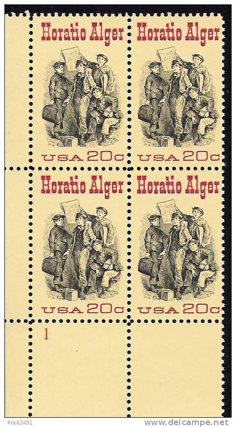 US Scott 2010 - Plate Block Of 4 Lower Left Plate No 1 - Horatio Alger 20 Cent - Mint Never Hinged - Numéros De Planches