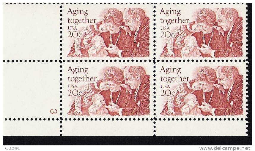 US Scott 2011 - Plate Block Of 4 Left Lower Plate No 3 - Aging Together 20 Cent ** MINT NH- Mint Never Hinged - Plattennummern