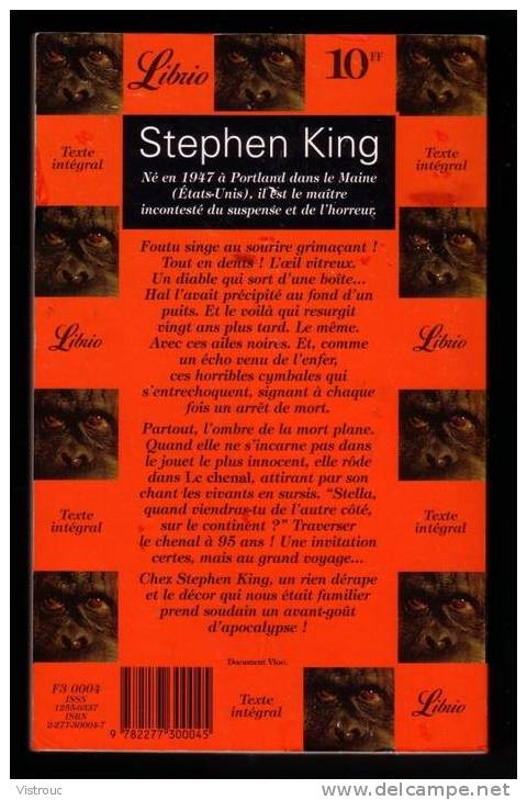 " LE SINGE, Suivi De LE CHENAL ", Par Stephen KING,  Coll. LIBRIO N° 4 - Fantásticos