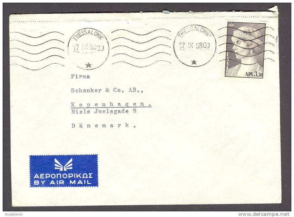 Greece Airmail Par Avion Schenkers Internationale Transport Thessaloniki Commercial 1958 Cover TMS Cancel To Denmark - Briefe U. Dokumente