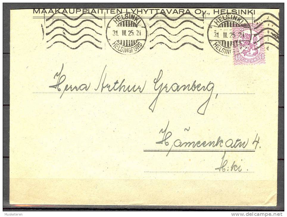 Finland Maakauopiatten Lyhyttavara Oy. Helsinki Commercial Deluxe TMS Cancel Cover 1925 State Arms Lion - Lettres & Documents