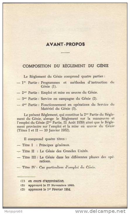Livret De L'inspection Générale Du Génie – Règlement Du Génie – Emploi Et Mise En Oeuvre Du Génie - Francese