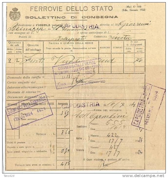 REF LIT7 - ITALIE BOLLETTINO DI CONSEGNA FERROVIE DELLO STATO VILLA SAN MARCO / CAPODISTRIA 17/7/1924 - Marcophilia