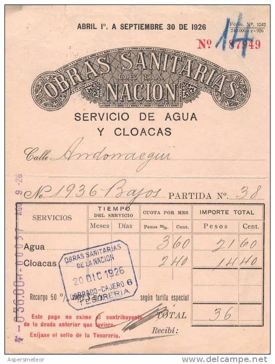 Facturas Argentina Obras Sanitarias De La Nacion Servicio De Aguas Y Cloacas 1926 - Other & Unclassified