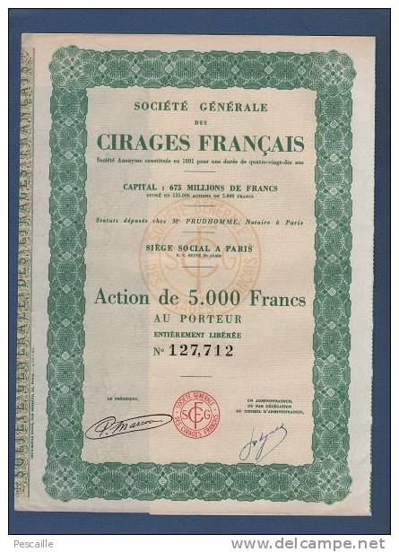 ACTION DE 5000 FRANCS AU PORTEUR SOCIETE GENERALE DES CIRAGES FRANCAIS - PARIS - Industrie