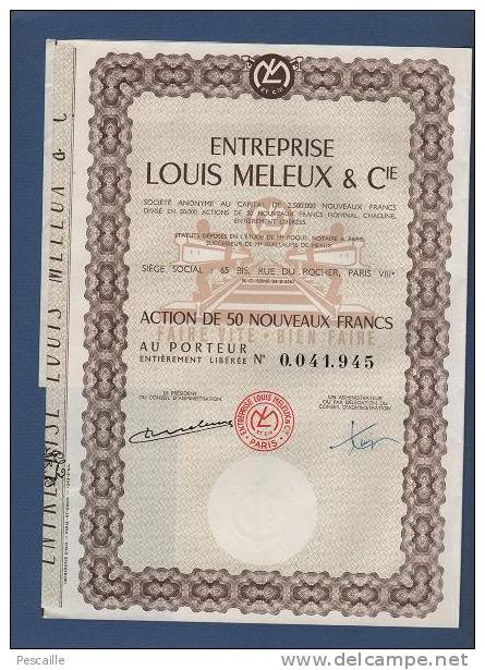 ACTION DE 50 NOUVEAUX FRANCS AU PORTEUR ENTREPRISE LOUIS MELEUX & Cie - PARIS - Industrie