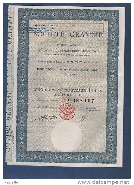 ACTION DE 25 NOUVEAUX FRANCS AU PORTEUR SOCIETE GRAMME - PANTIN - Industrie