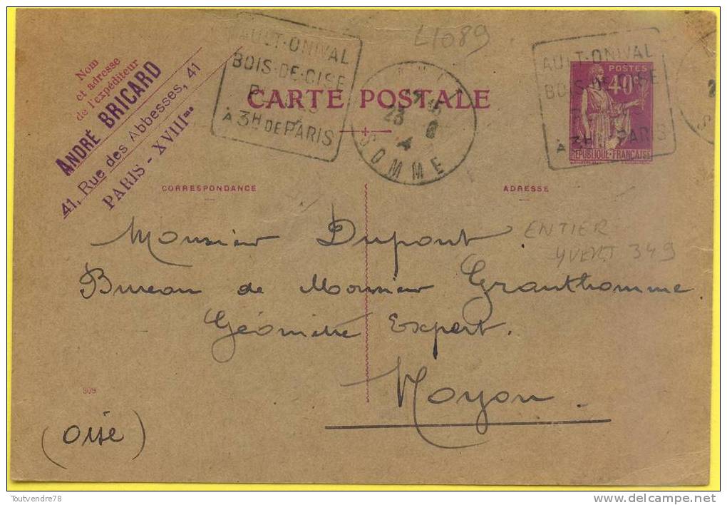 L 1089 : DEPT 80 (SOMME) FLAMME DAGUIN AULT ONIVAL SUR ENTIER CP 40C PAIX - Mechanical Postmarks (Advertisement)