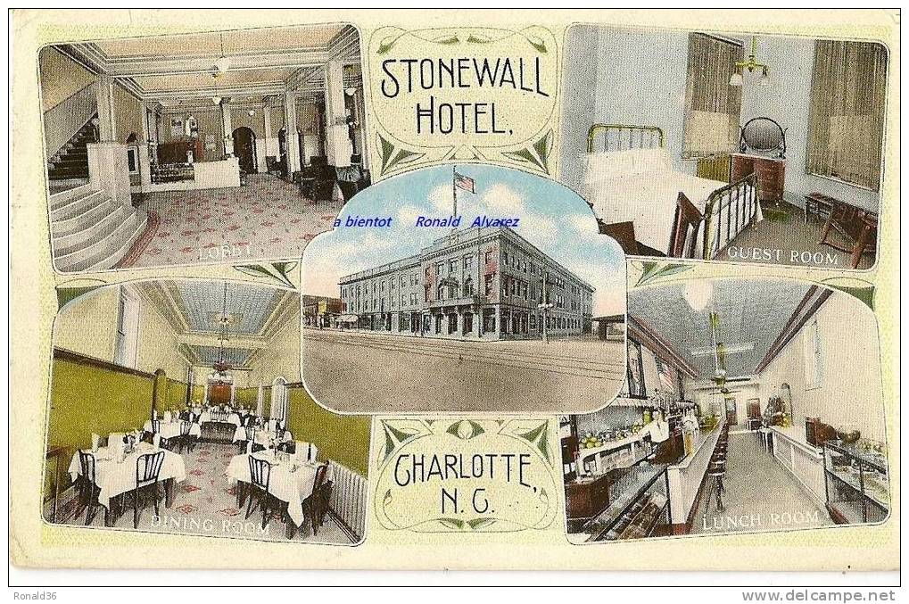 Cp U S A CHARLOTTE N.G Stonewall Hotel ( Cuisine) Lunch Room , Dining Room, Guest Room, Lobby ( Adr à CHATEAUROUX 36) - Altri & Non Classificati