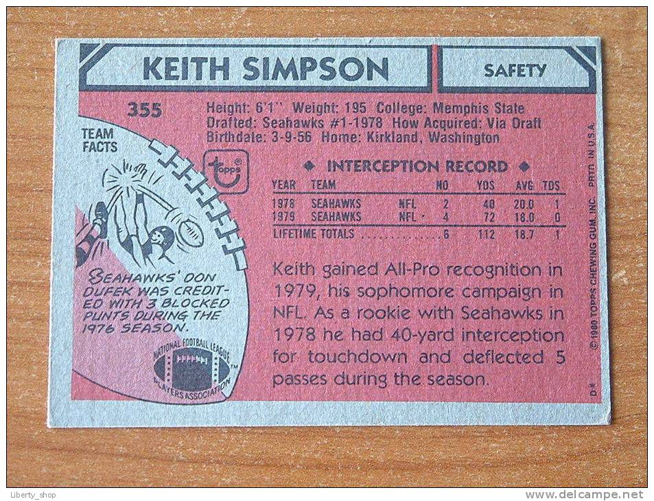 KEITH SIMPSON / SEAHAWKS S ( 355 ) / AFC *** ALL-PRO ! - 1980-1989