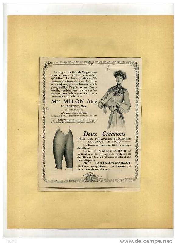 - DESSOUS FEMININS MILON AINE  . PUB. DU DEBUT DU XXe S. . DECOUPEE ET COLLEE SUR PAPIER - Autres & Non Classés