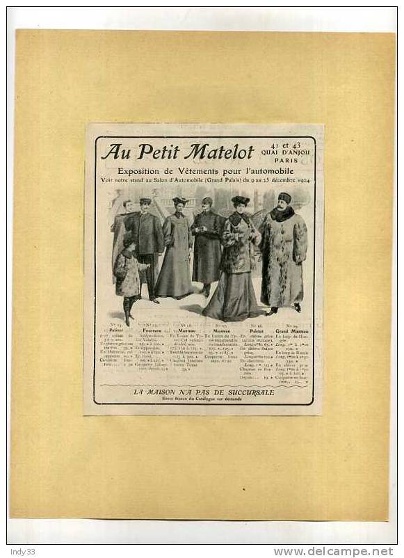 - AU PETIT MATELOT . VÊTEMENTS POUR L´AUTOMOBILE .  PUB. DU DEBUT DU XXe S. . DECOUPEE ET COLLEE SUR PAPIER - Autres & Non Classés