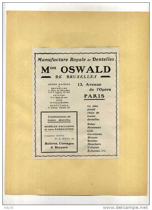 - MANUFACTURE ROYALE DE DENTELLES OSWALD .  PUB. DU DEBUT DU XXe S. . DECOUPEE ET COLLEE SUR PAPIER - Kant En Stoffen