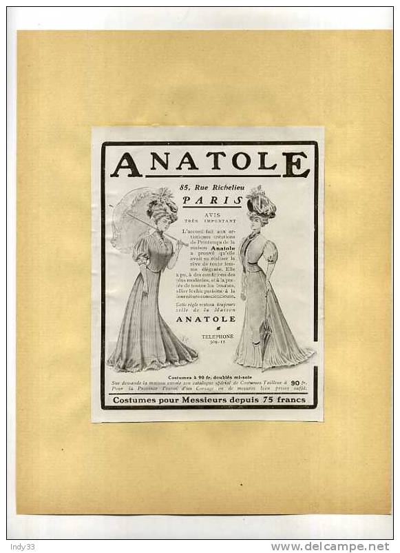 - MODE  ANATOLE .  PUB. DU DEBUT DU XXe S. . DECOUPEE ET COLLEE SUR PAPIER - Sonstige & Ohne Zuordnung