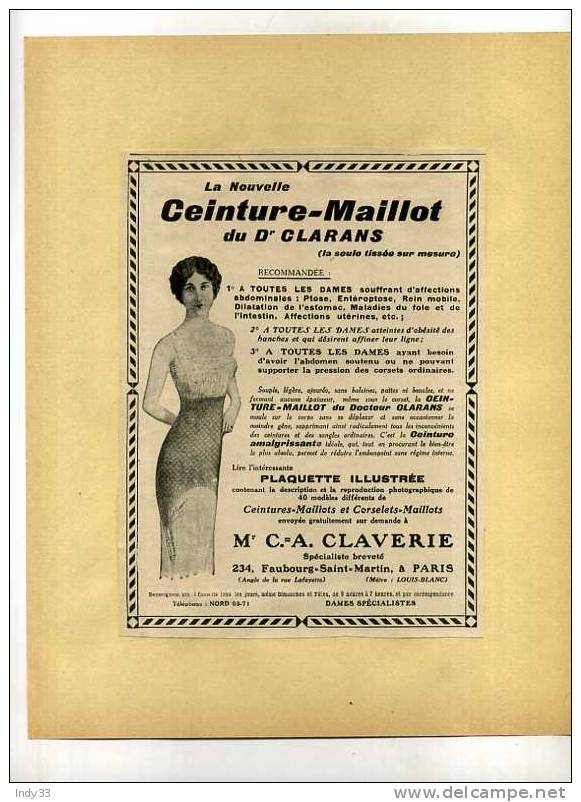 - CEINTURE-MAILLOT DU Dr CLARANS.  PUB. DU DEBUT DU XXe S. . DECOUPEE ET COLLEE SUR PAPIER - 1900-1940