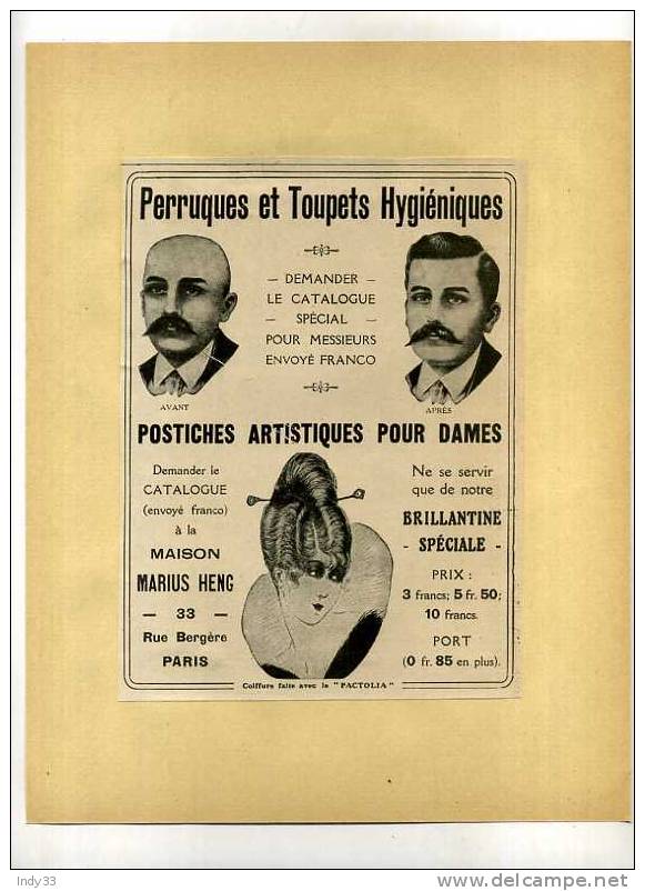 - PERRUQUES ET TOUPETS MAISON M. HENG .  PUB. DU DEBUT DU XXe S. . DECOUPEE ET COLLEE SUR PAPIER - Coiffes, Chapeaux, Bonnets