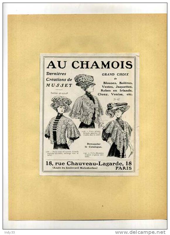 - AU CHAMOIS . MODE .  PUB. DU DEBUT DU XXe S. . DECOUPEE ET COLLEE SUR PAPIER - Sonstige & Ohne Zuordnung