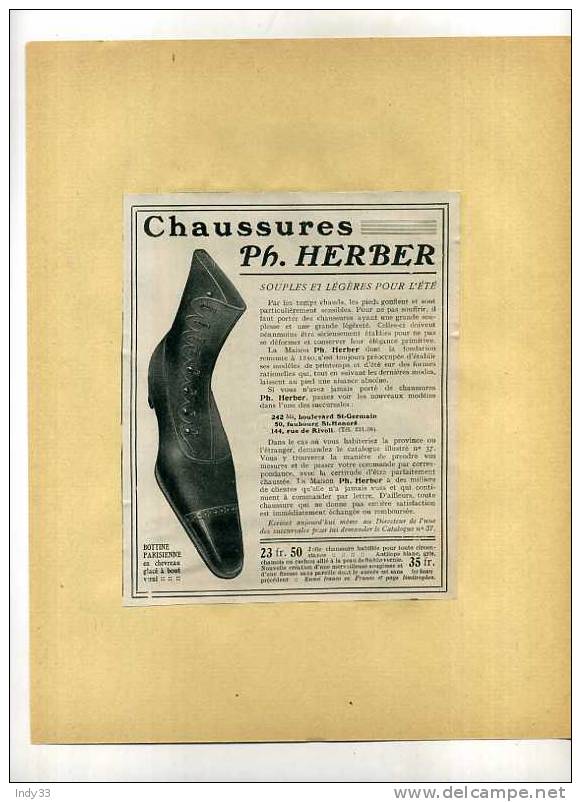 - CHAUSSURES PH. HERBER .  PUB. DU DEBUT DU XXe S. . DECOUPEE ET COLLEE SUR PAPIER - 1900-1940