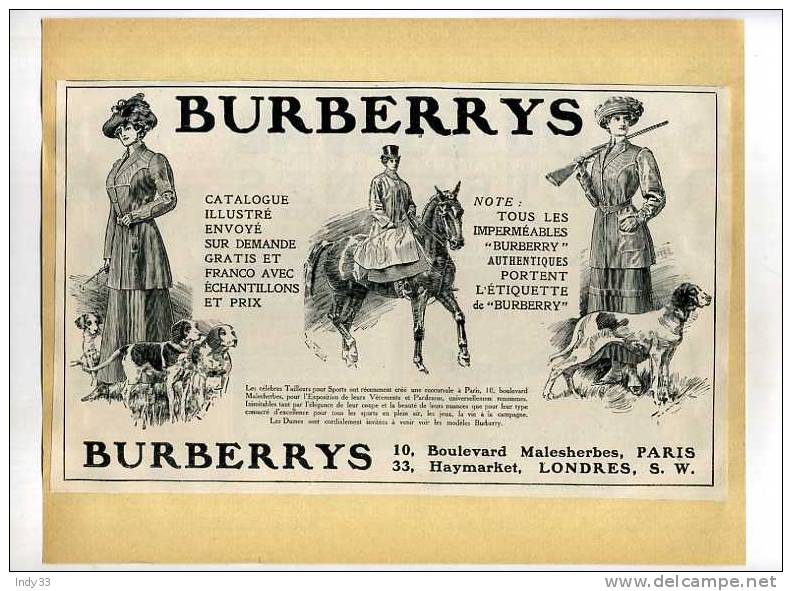 - BURBERRYS . TAILLEUR .  HABITS DE CHASSE POUR FEMMES . PUB. DU DEBUT DU XXe S. . DECOUPEE ET COLLEE SUR PAPIER - 1900-1940