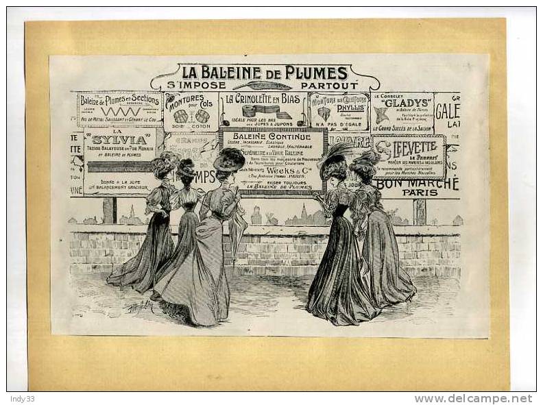 - LA BALEINE A PLUMES . DESSOUS FEMININS .  PUB. DU DEBUT DU XXe S. . DECOUPEE ET COLLEE SUR PAPIER - 1900-1940