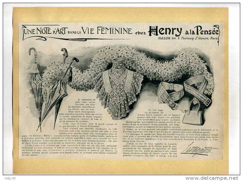 - MODE FEMININE . CHEZ HENRY A LA PENSEE .  PUB. DU DEBUT DU XXe S. . DECOUPEE ET COLLEE SUR PAPIER - 1900-1940