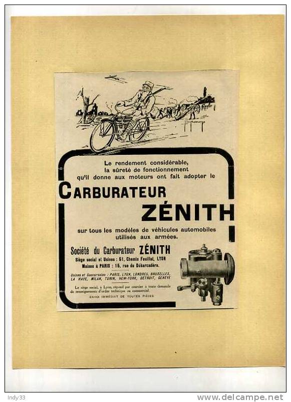 - CARBURATEUR ZENTITH . PUB.1914-1918  . DECOUPEE ET COLLEE SUR PAPIER - Motor Bikes