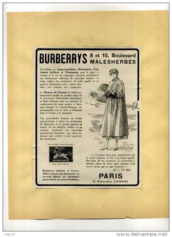 - BURBERRYS TAILLEUR . PUB.1914-1918  . DECOUPEE ET COLLEE SUR PAPIER - 1900-1940
