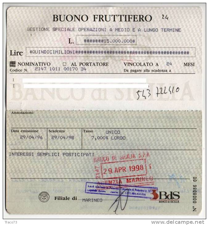 BANCO DI SICILIA - BUONO FRUTTIFERO  -  LIBRETTO - Bank En Verzekering